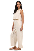 Breezy Sophistication Beige Textured Wide-Leg Jumpsuit