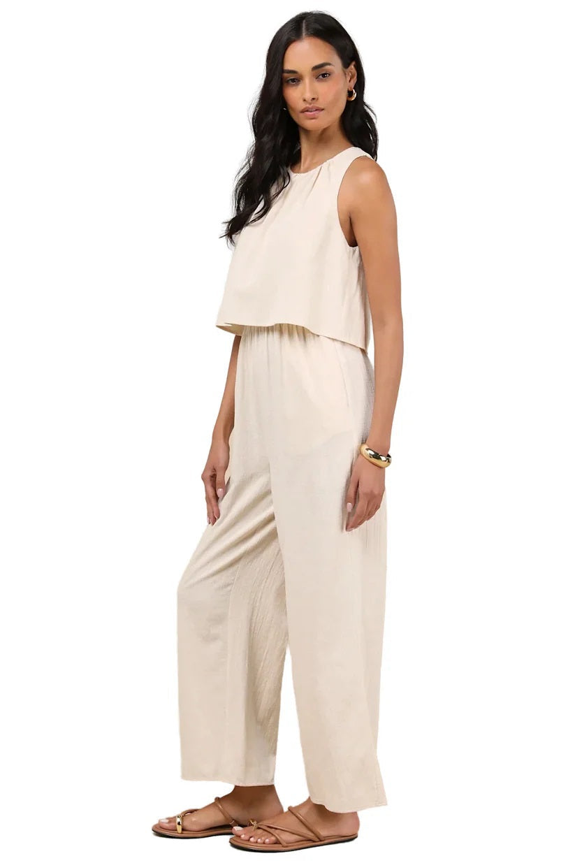 Breezy Sophistication Beige Textured Wide-Leg Jumpsuit