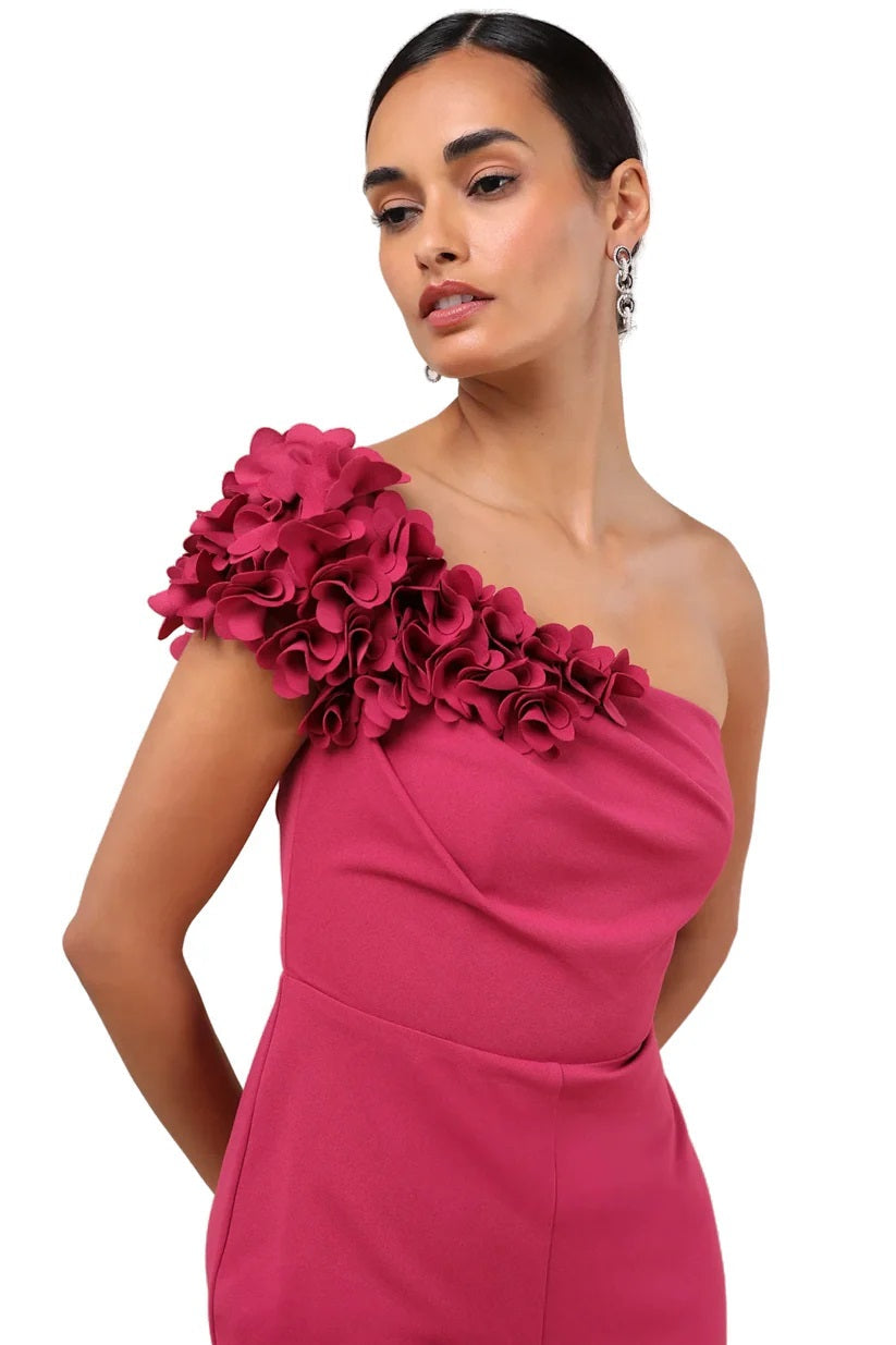 Damara Magenta Floral Applique One-Shoulder Jumpsuit