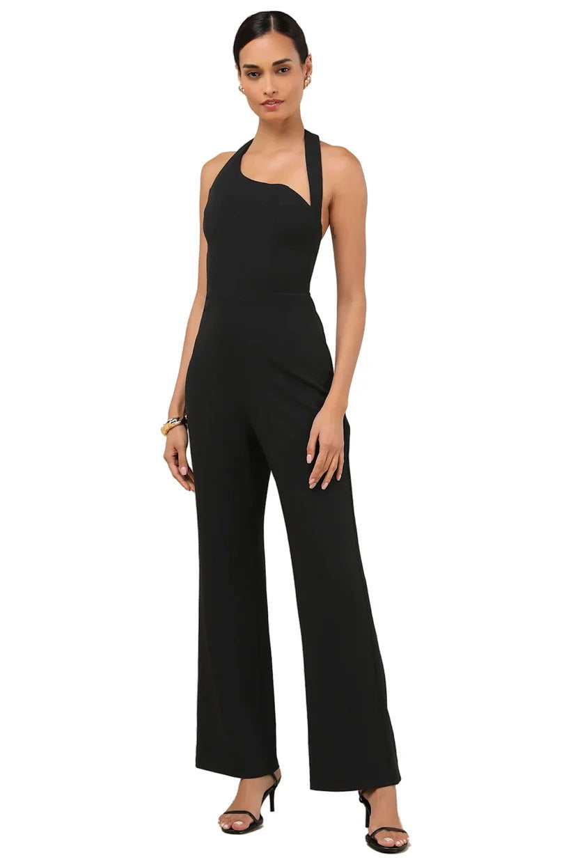 Flirty Outing Black Asymmetrical Halter Jumpsuit