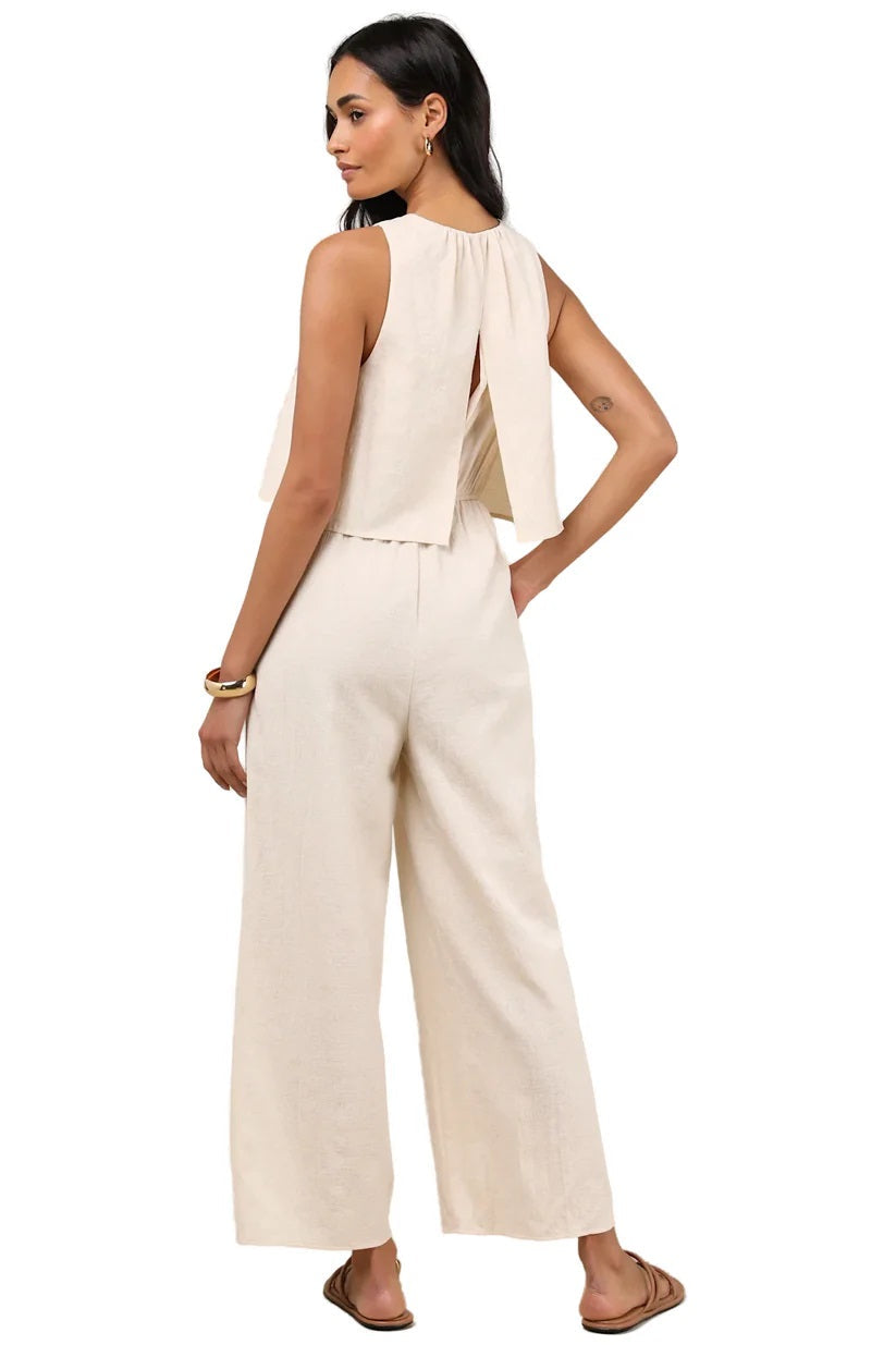 Breezy Sophistication Beige Textured Wide-Leg Jumpsuit