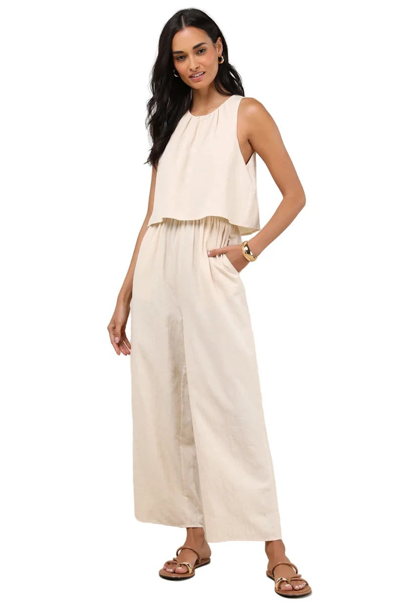 Breezy Sophistication Beige Textured Wide-Leg Jumpsuit