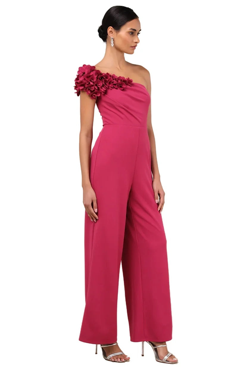 Damara Magenta Floral Applique One-Shoulder Jumpsuit